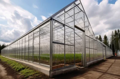 Modern Glass Greenhouse Structure In A Rural Setting