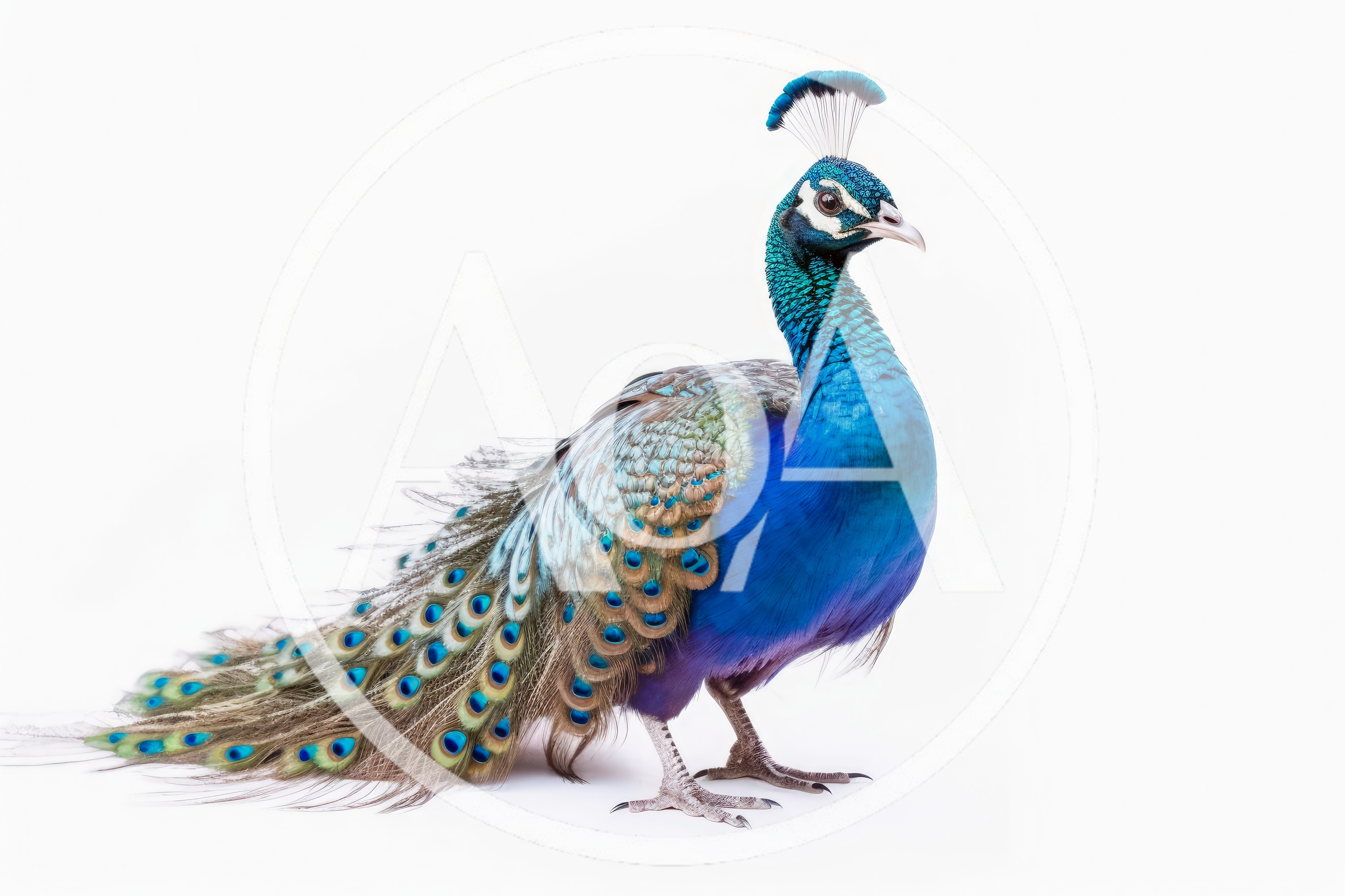 Majestic Indian Peacock Standing Against White Background