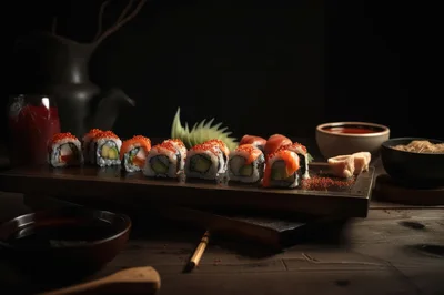 Gourmet Sushi Rolls Served On A Wooden Platter
