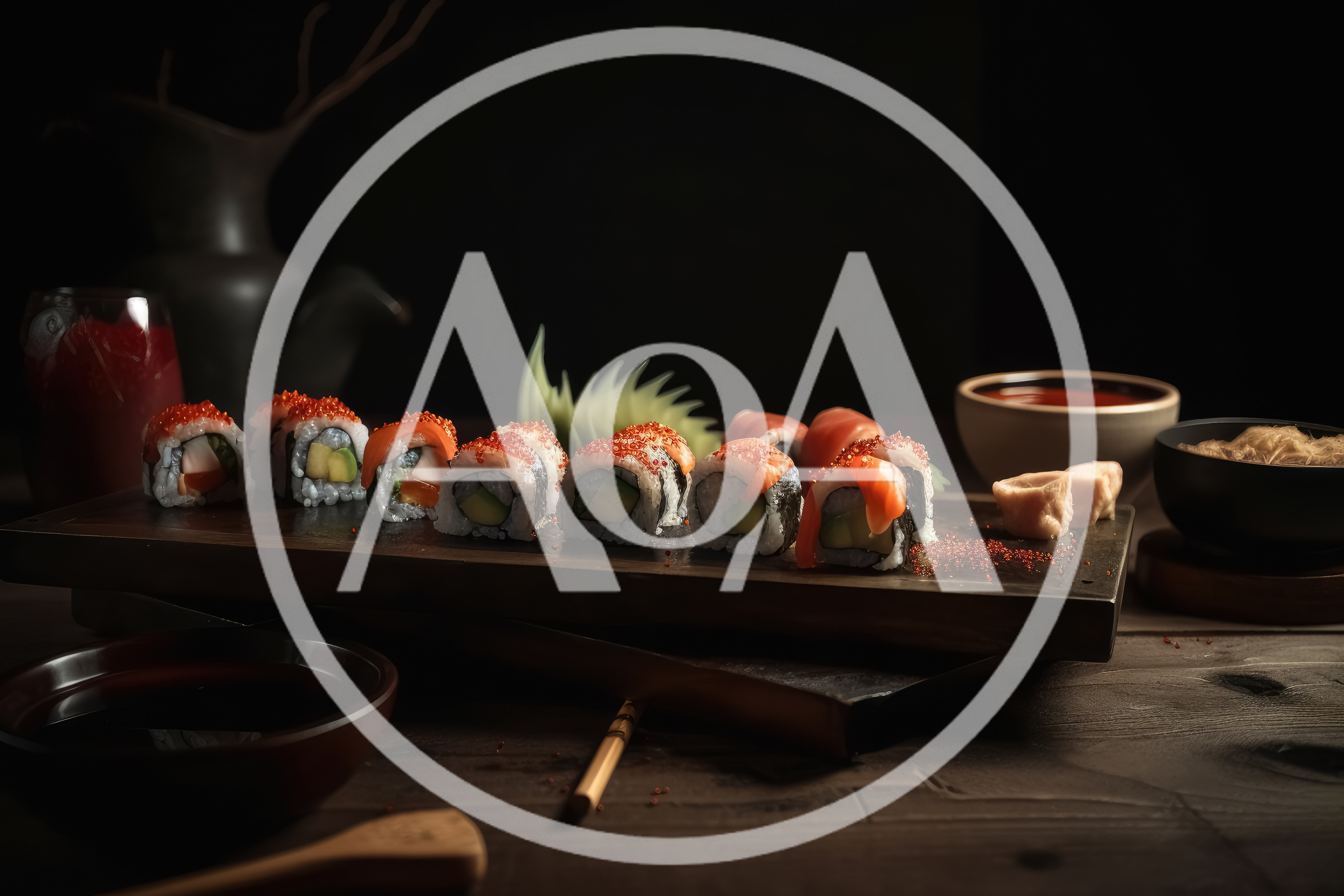 Gourmet Sushi Rolls Served On A Wooden Platter