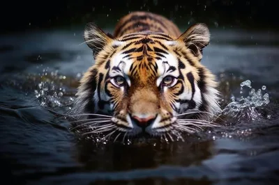 Majestic Tiger Swimming Through Dark Water