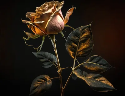 Golden Rose Flower With Metallic Leaves On Black Background