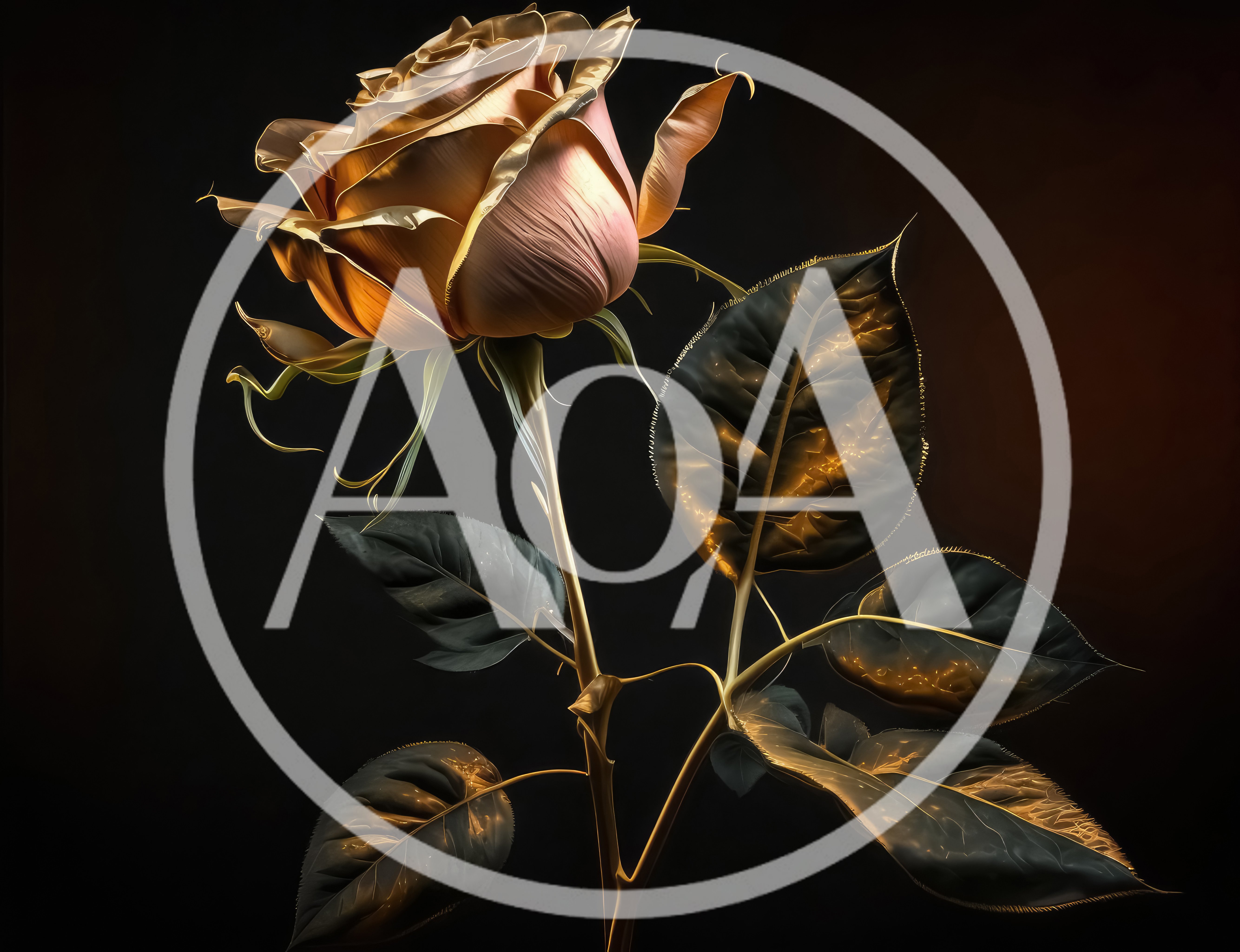 Golden Rose Flower With Metallic Leaves On Black Background