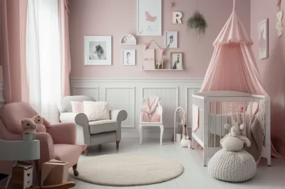 Cozy Pink Nursery Room With Crib And Armchair