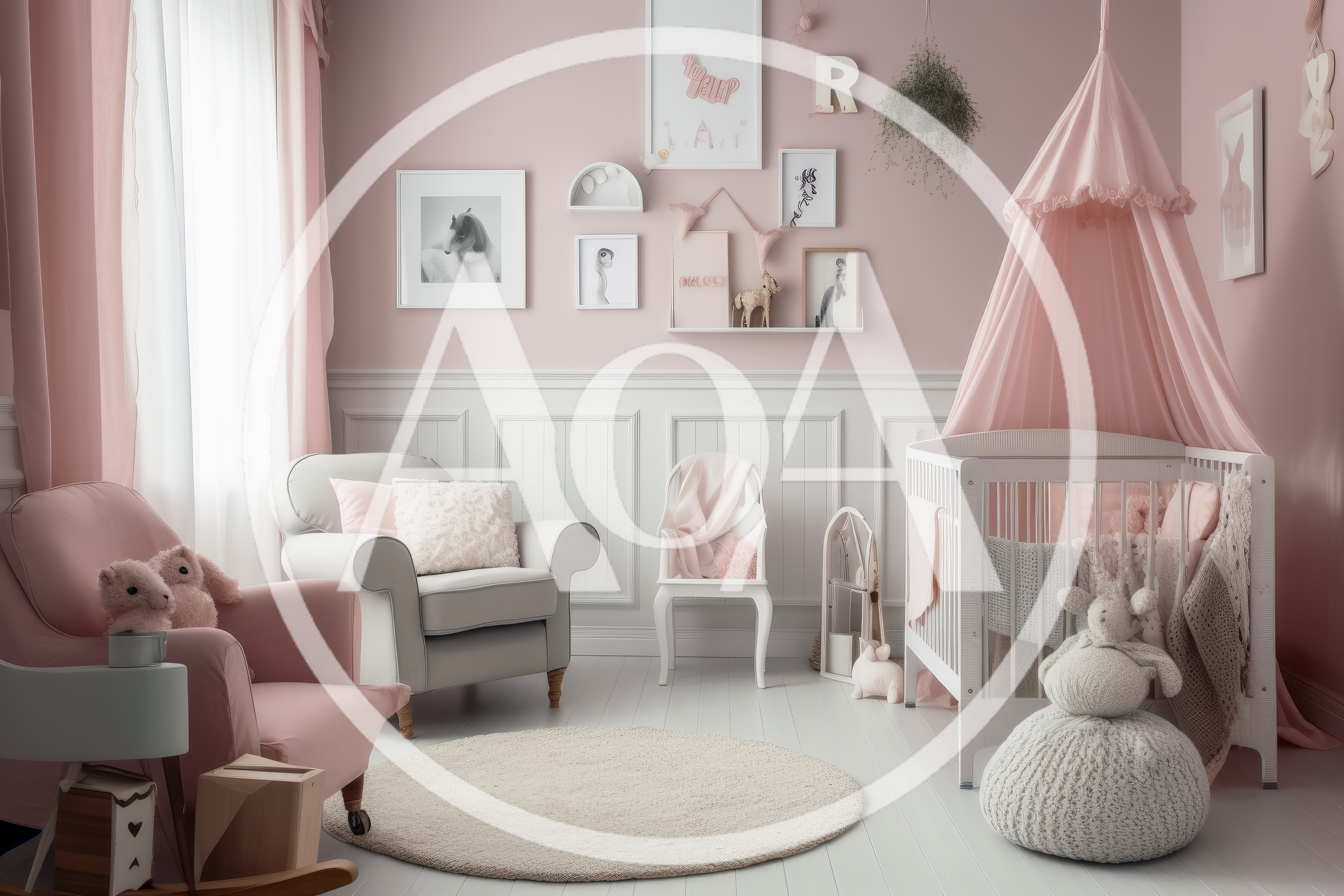 Cozy Pink Nursery Room With Crib And Armchair