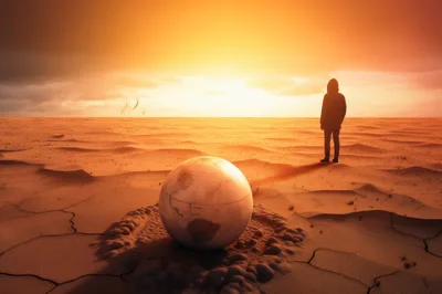 Hooded Figure Standing Before A Globe In A Desert