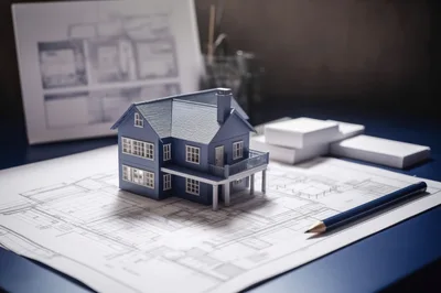 Architectural Model House On Blueprints With Pencil