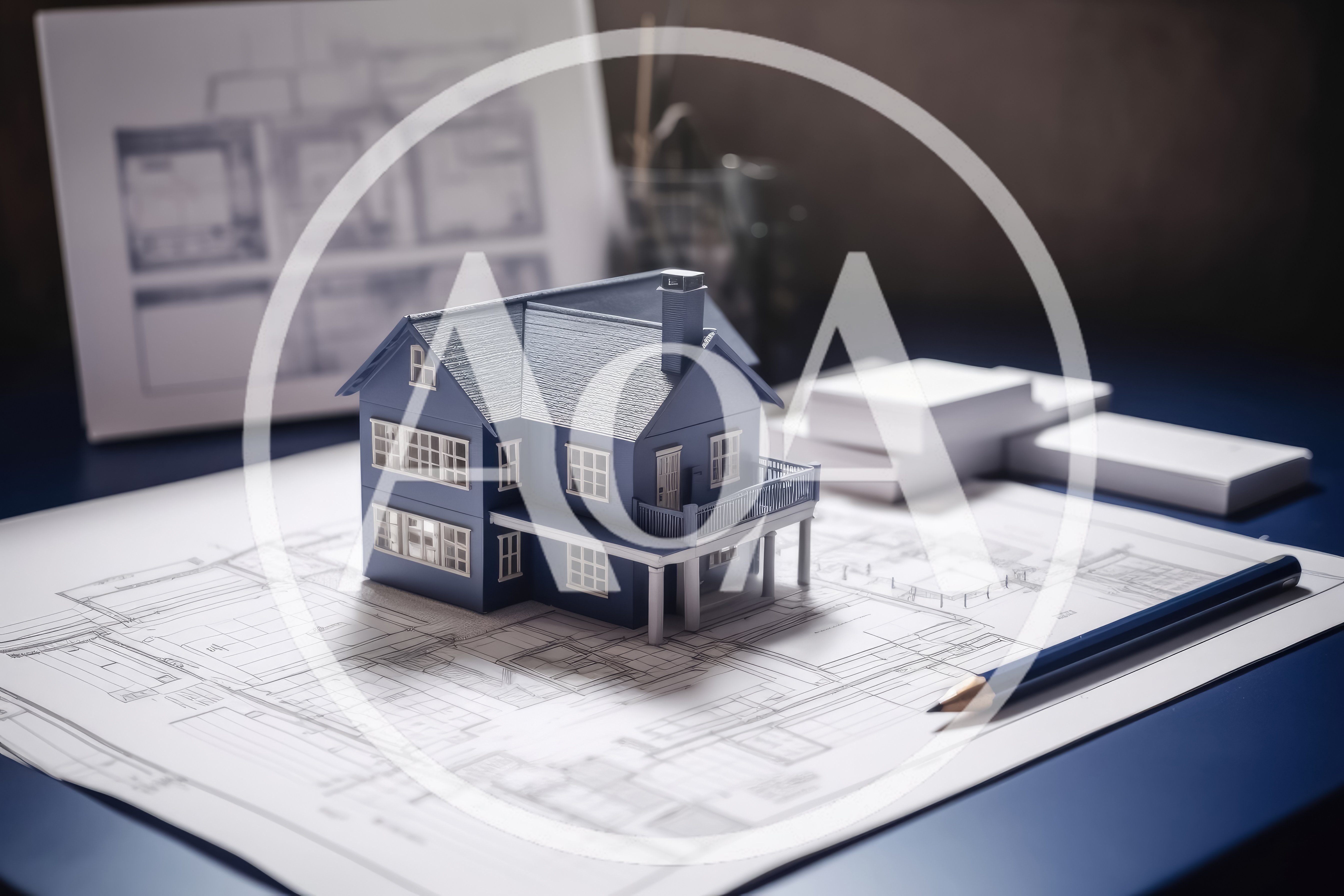 Architectural Model House On Blueprints With Pencil