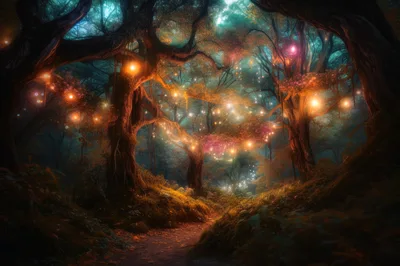 Enchanted Forest Path With Glowing Fairy Lights