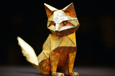 Golden Origami Fox Figurine On Dark Background