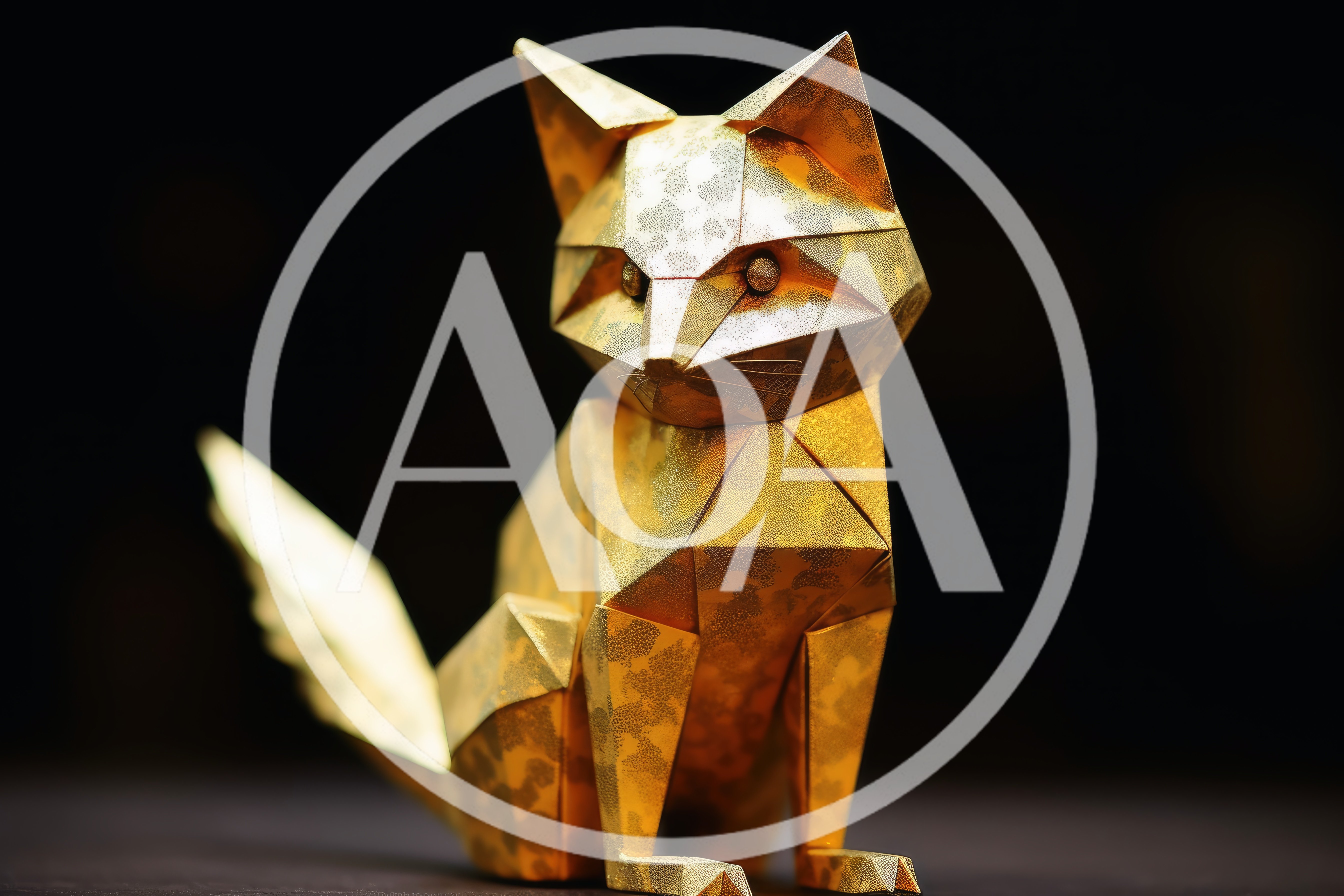 Golden Origami Fox Figurine On Dark Background