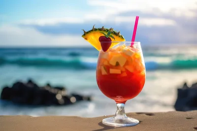 Tropical Fruit Cocktail On A Sandy Beach