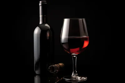 Red Wine Bottle And Glass On Black Background