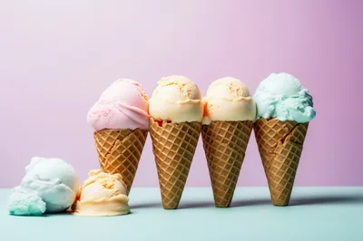 Four Ice Cream Cones With Two Scoops On Surface