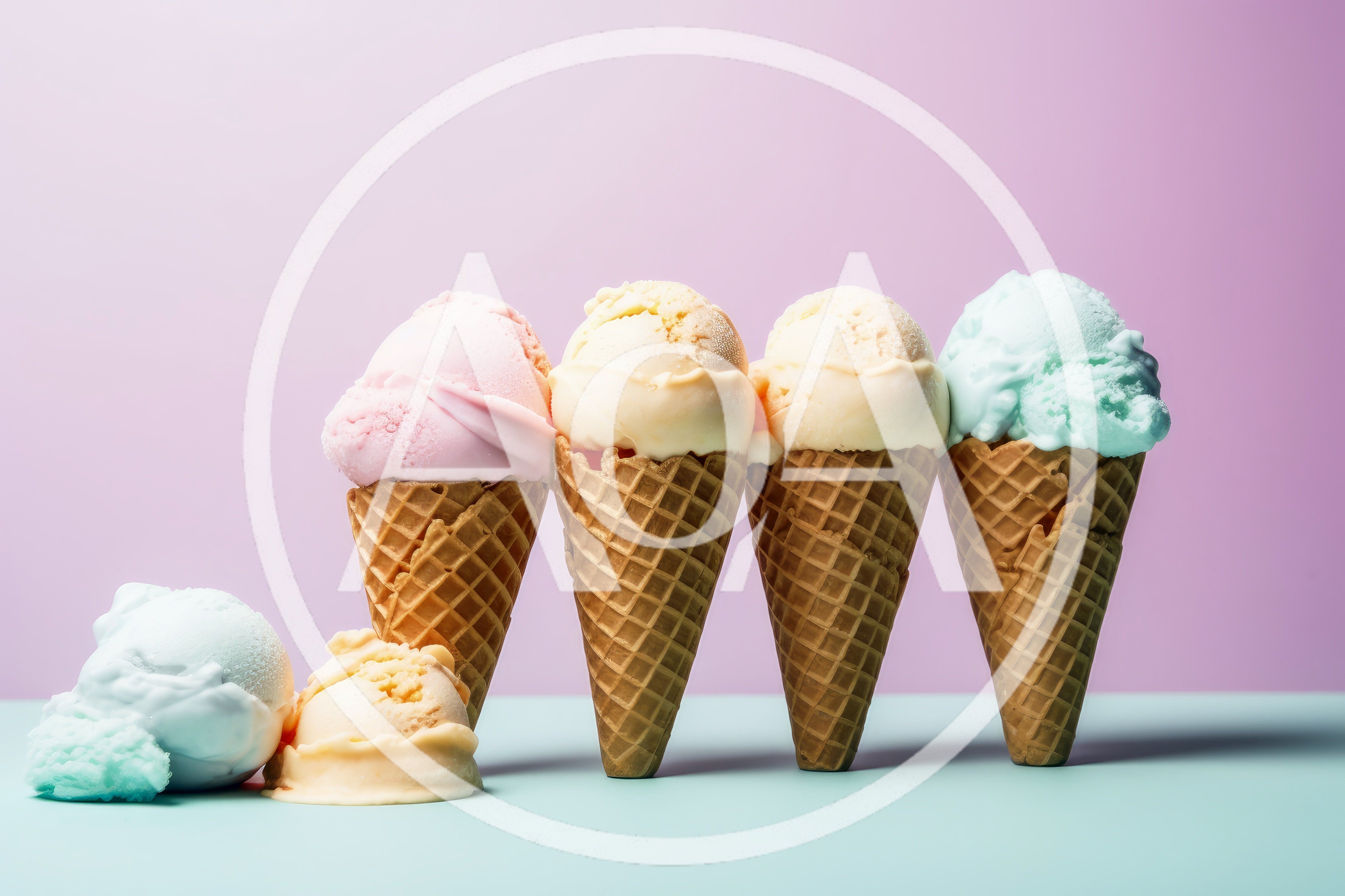 Four Ice Cream Cones With Two Scoops On Surface