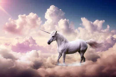 Majestic White Unicorn Standing Amidst Dreamy Pastel Clouds