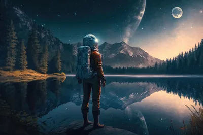 Astronaut Standing By A Serene Mountain Lake At Night