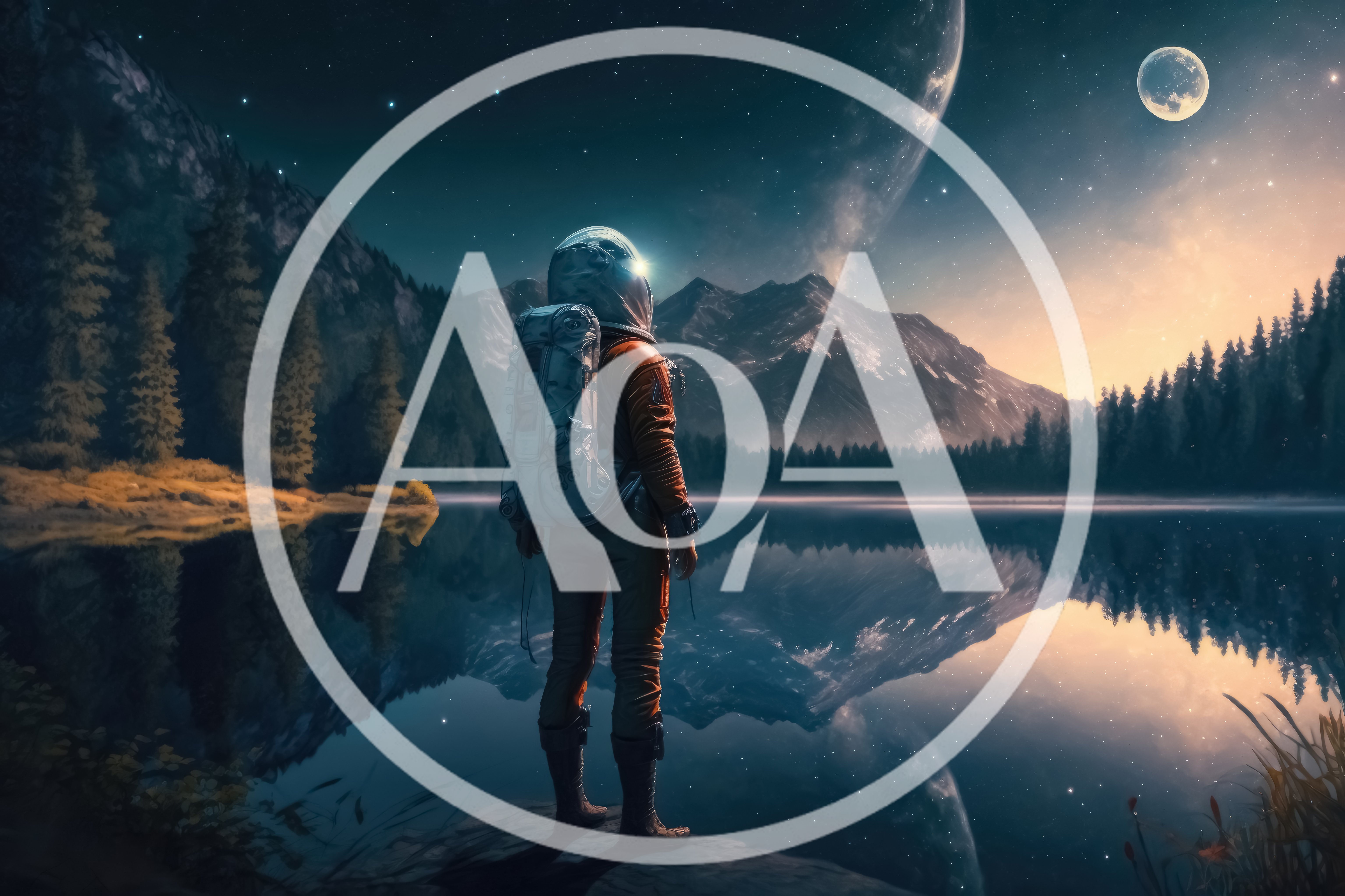 Astronaut Standing By A Serene Mountain Lake At Night