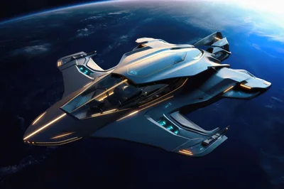 Futuristic Spaceship Orbiting Above A Blue Planet
