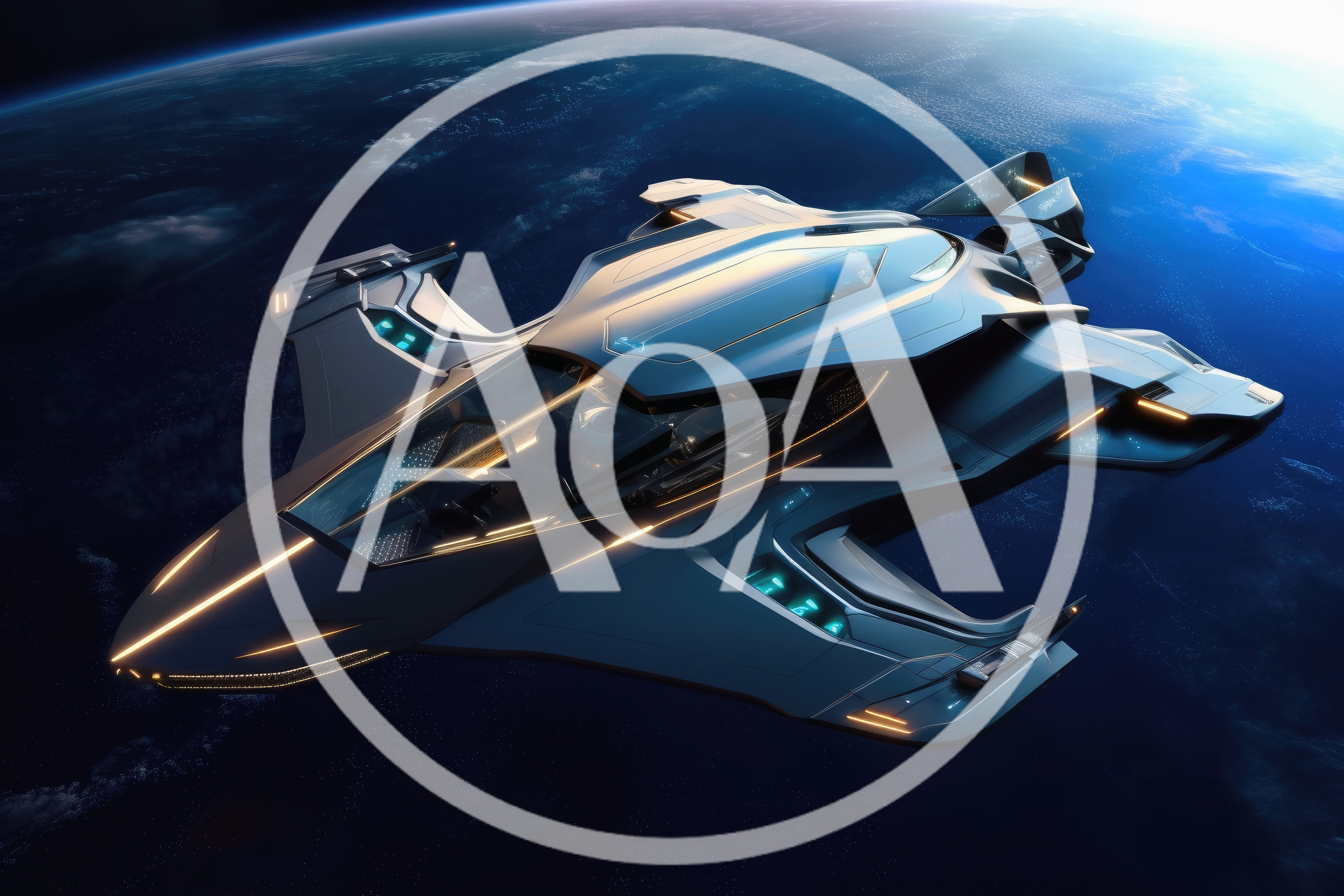 Futuristic Spaceship Orbiting Above A Blue Planet