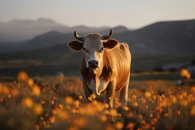 Brown Cow Standing In A Field Of Wildflowers