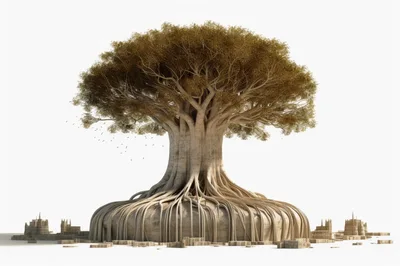 Giant Ancient Tree Overlooking Miniature Stone City Ruins