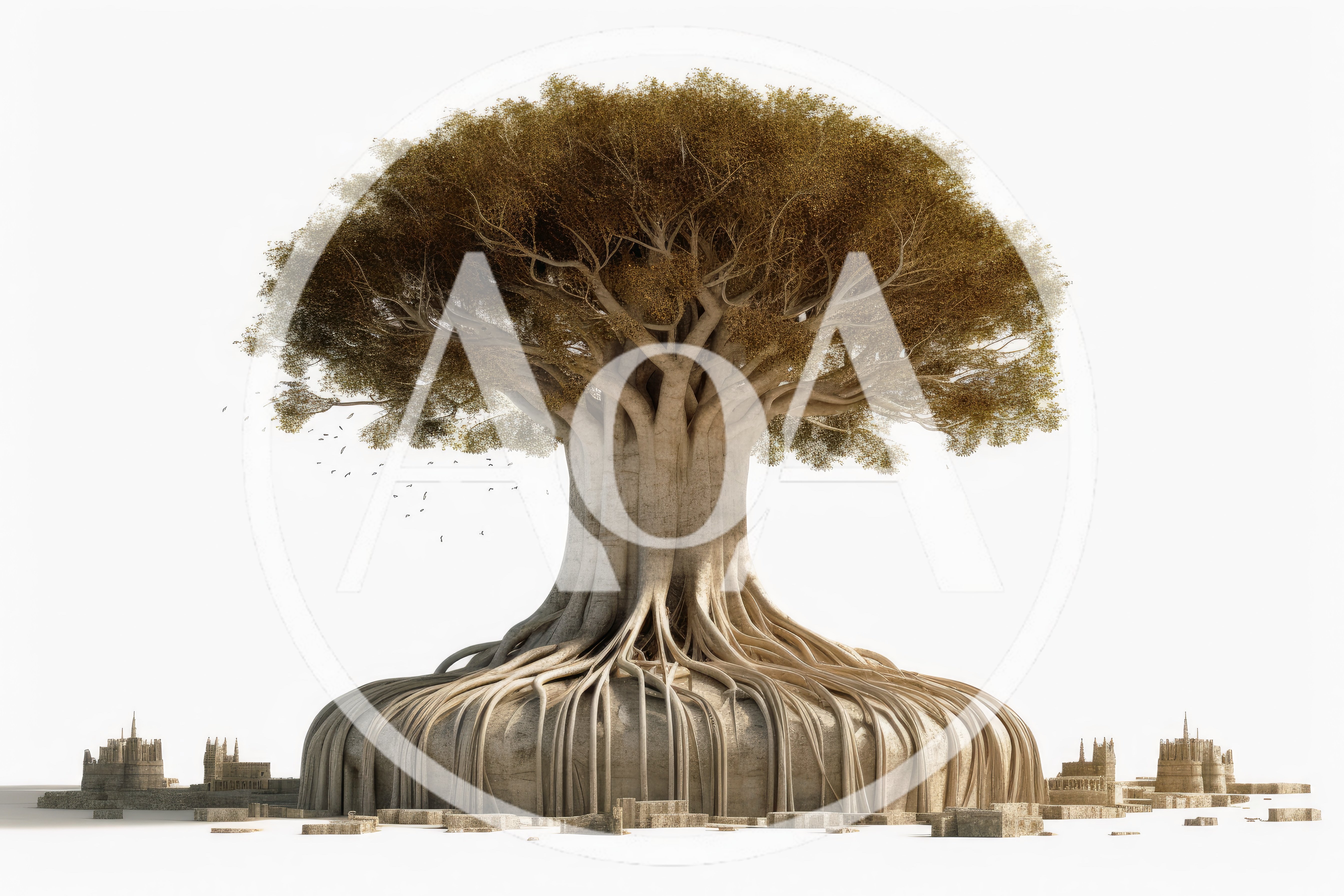 Giant Ancient Tree Overlooking Miniature Stone City Ruins