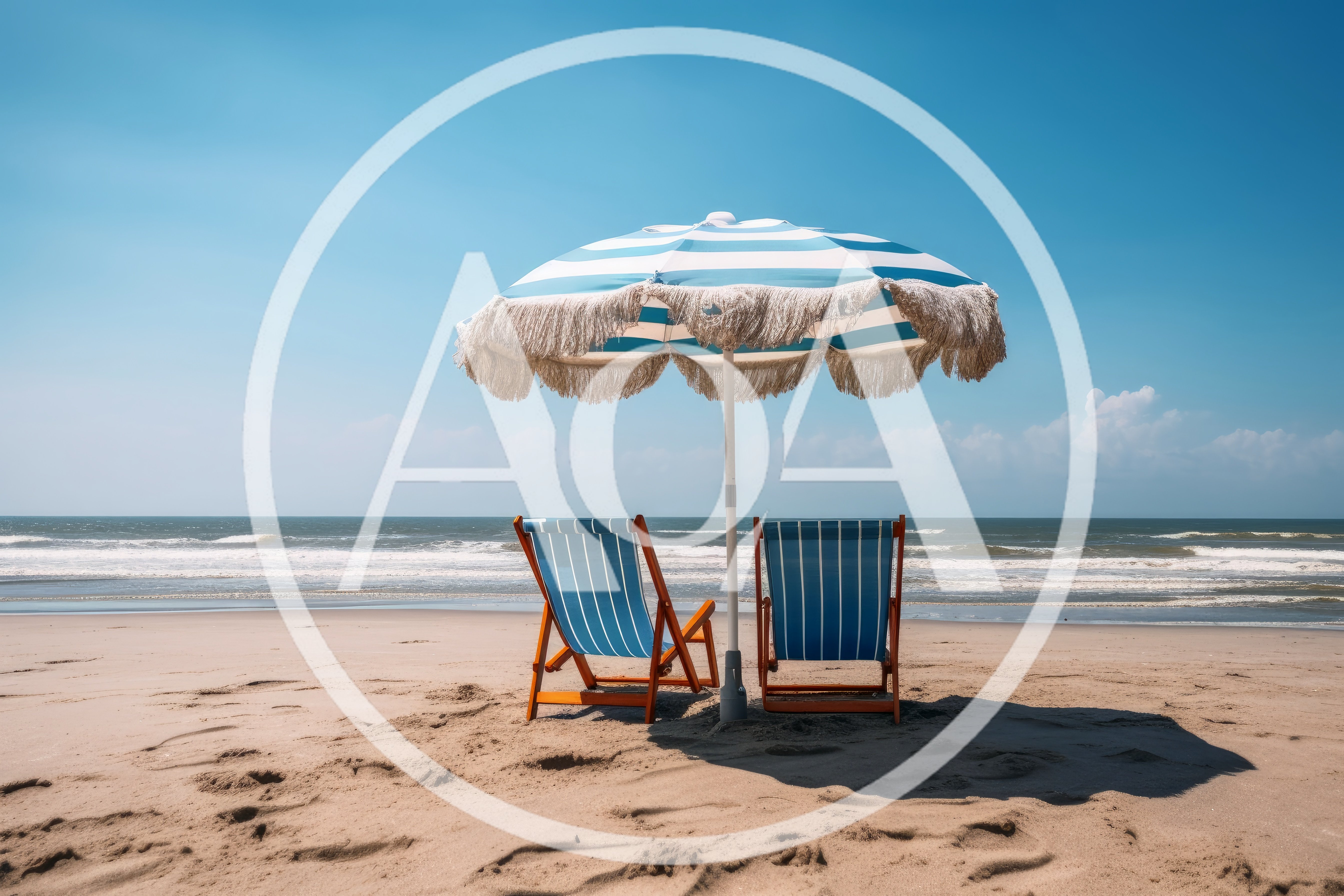 Two Striped Beach Chairs Under A Fringed Umbrella