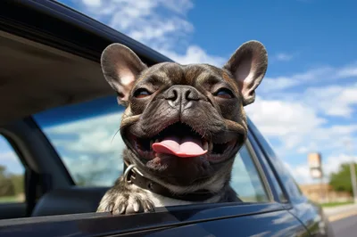 Happy French Bulldog Riding In A Car