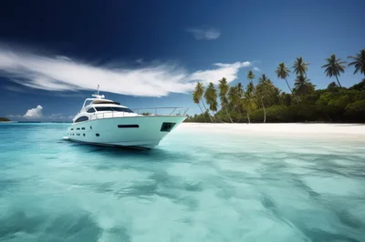 Luxury White Yacht Anchored Off Tropical Island Beach