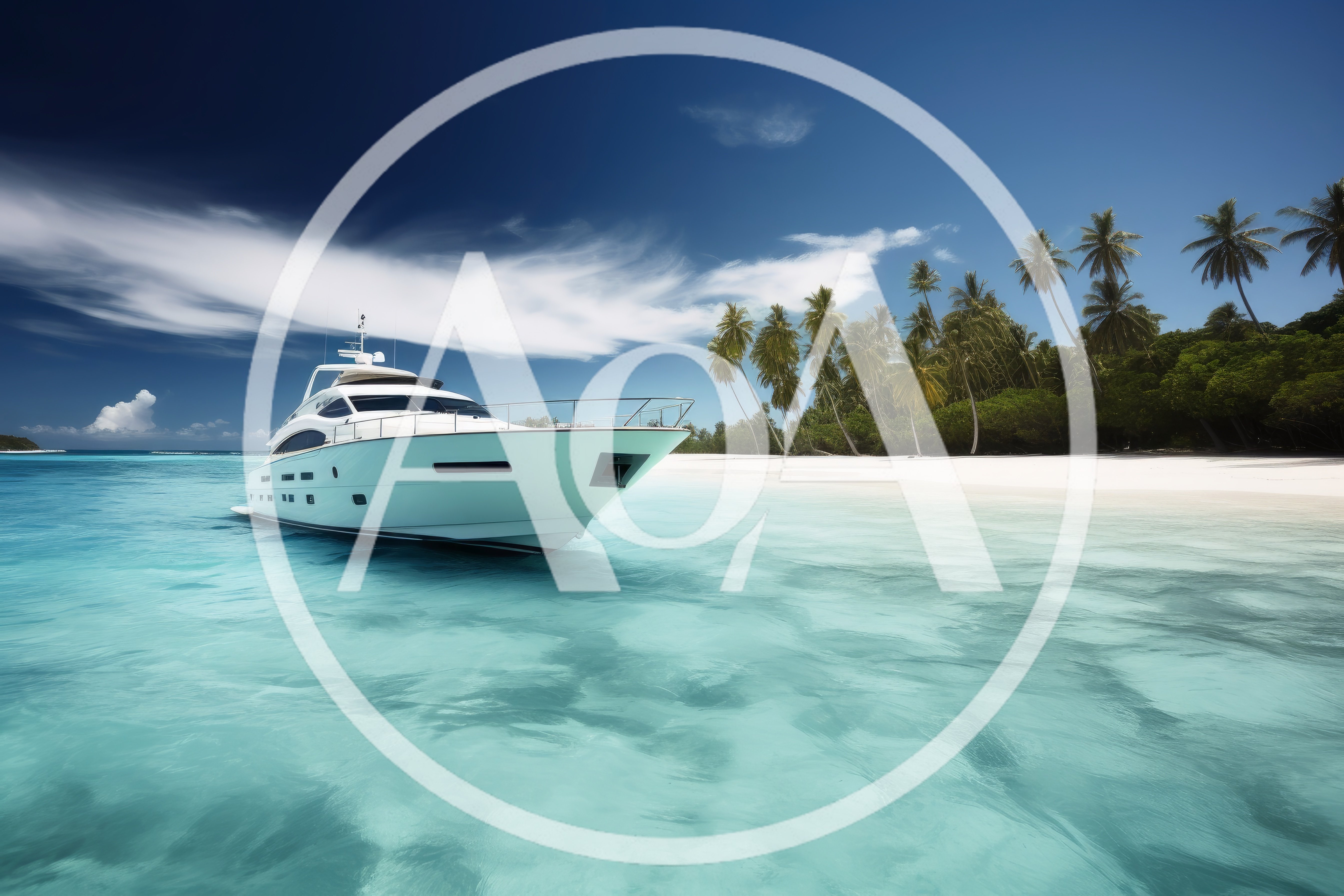 Luxury White Yacht Anchored Off Tropical Island Beach