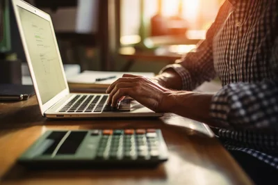 Person Working On Laptop With Calculator On Desk