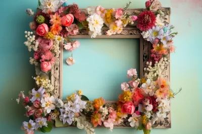 Vintage Picture Frame Decorated With Colorful Spring Flowers