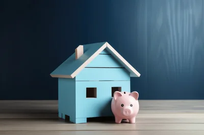 Blue Wooden House Model With Pink Piggy Bank