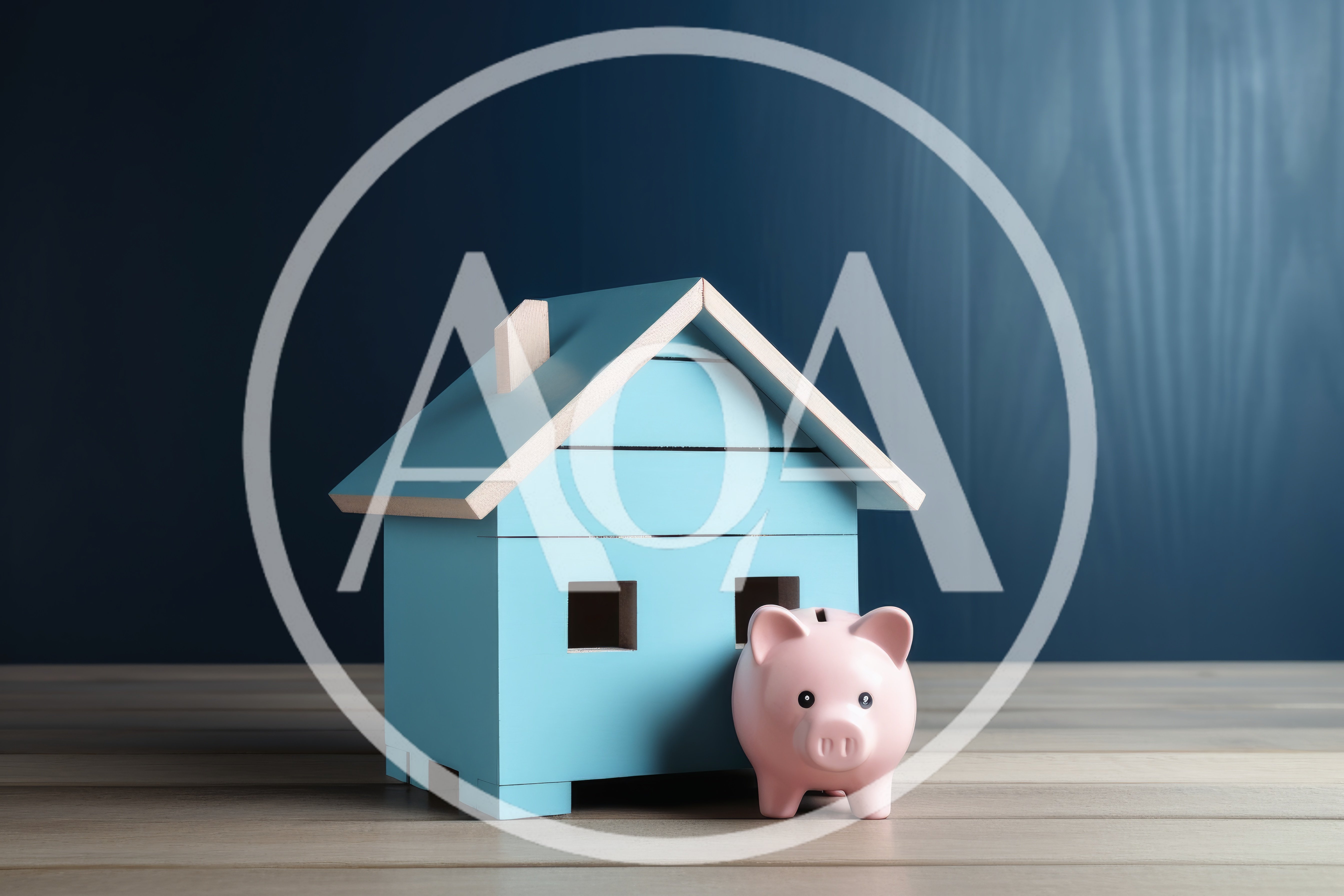 Blue Wooden House Model With Pink Piggy Bank