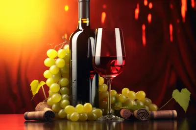 Wine Bottle and Glass with Green Grapes