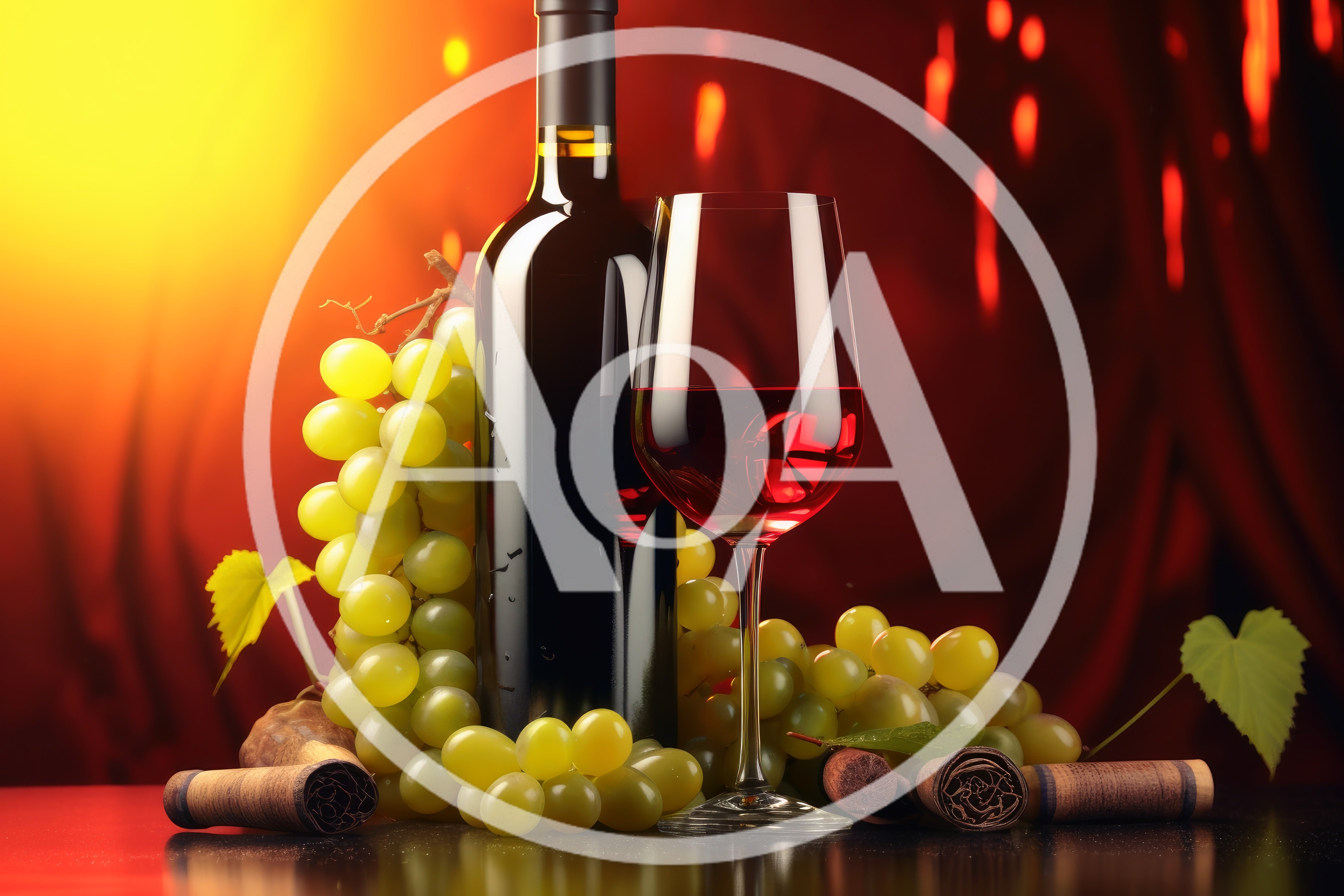 Wine Bottle and Glass with Green Grapes