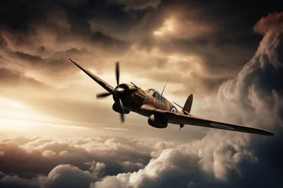 Vintage World War II Fighter Plane Flying Above Clouds