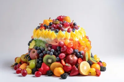 Large Fruit Cake Topped With Fresh Berries And Grapes