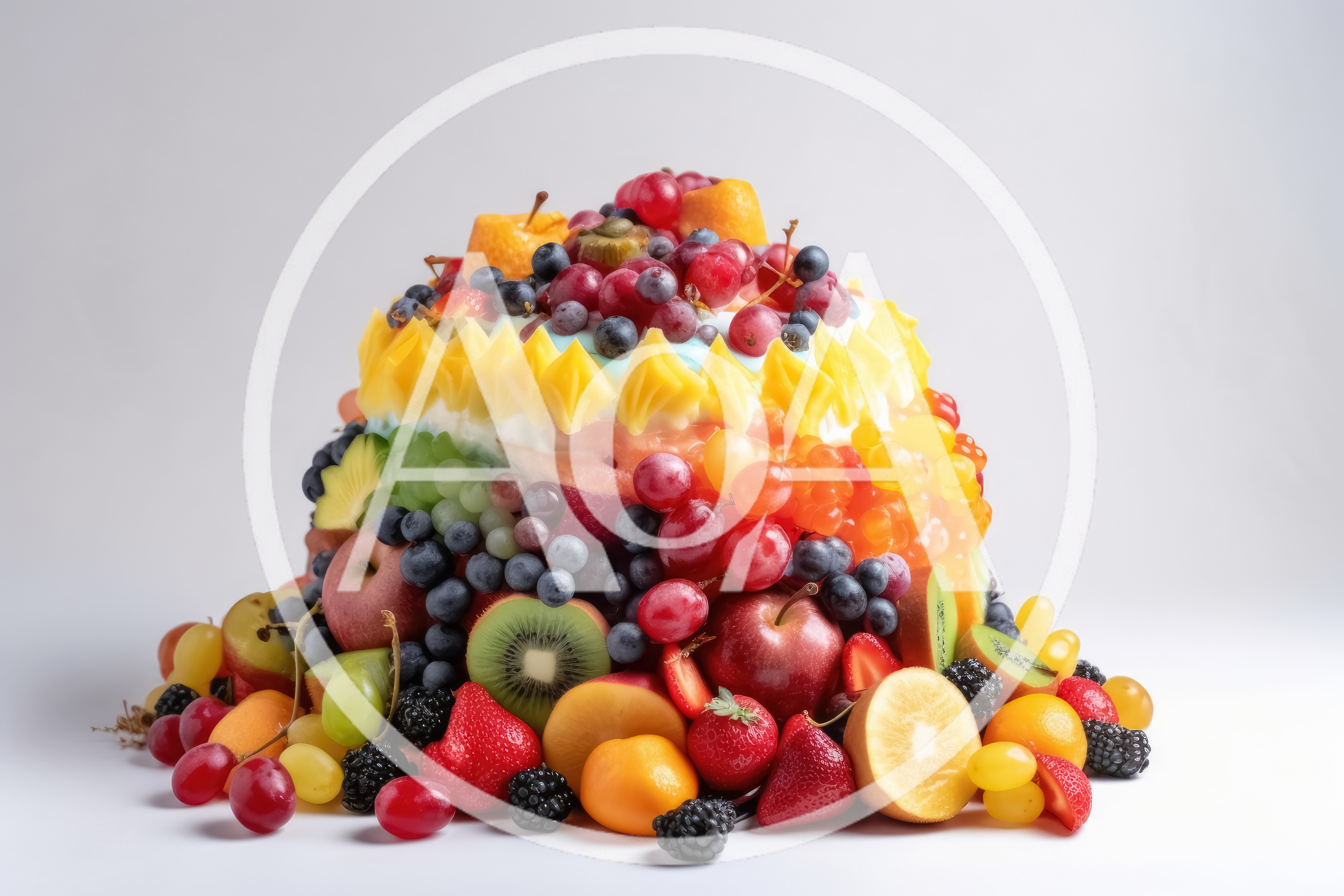 Large Fruit Cake Topped With Fresh Berries And Grapes