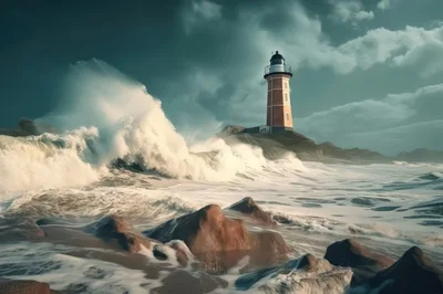 Lighthouse Standing Against Crashing Ocean Waves