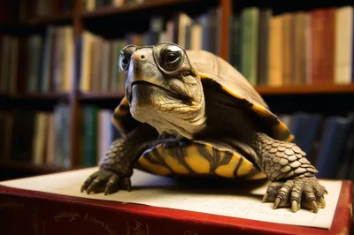 Wise Turtle Wearing Glasses In A Library