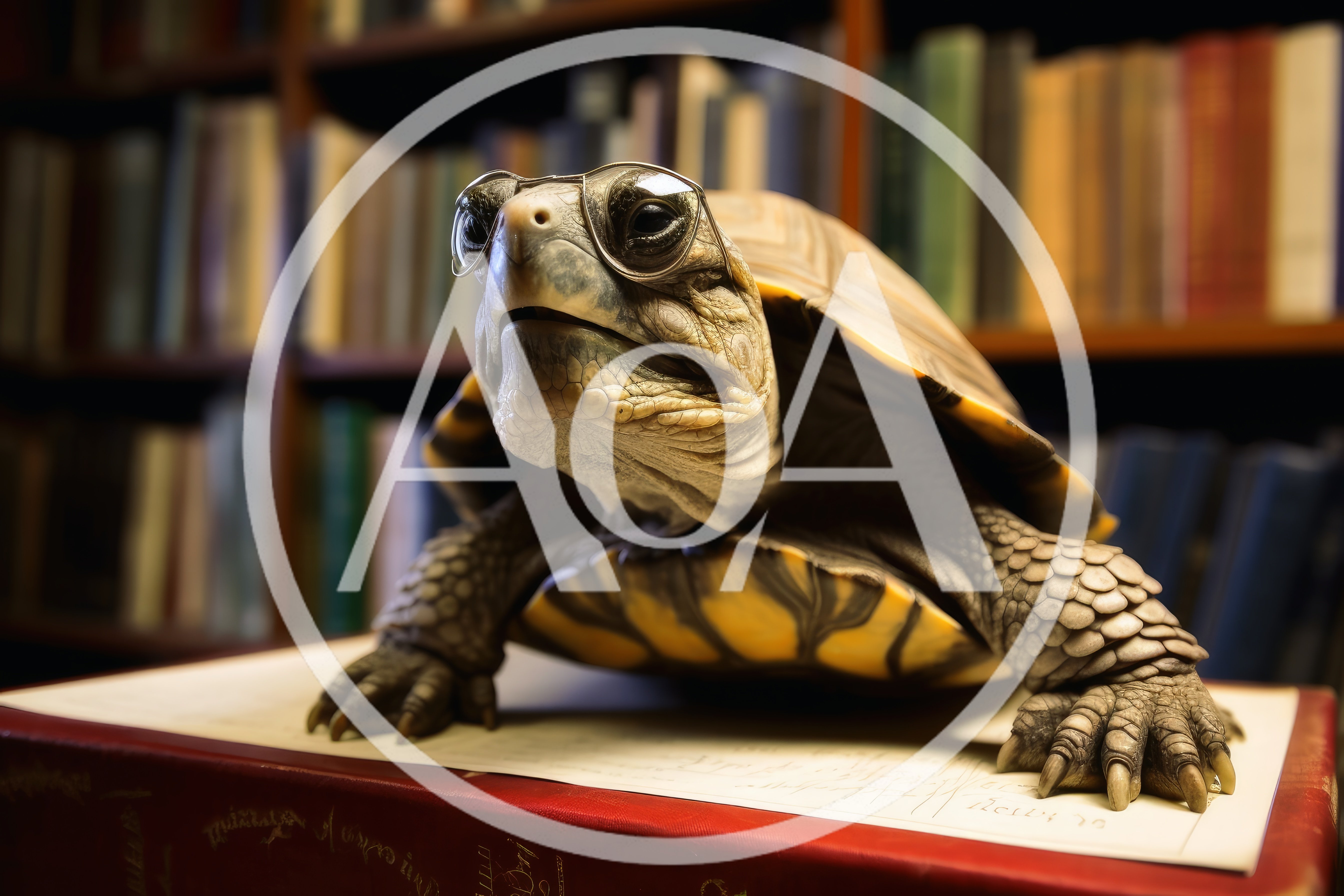 Wise Turtle Wearing Glasses In A Library