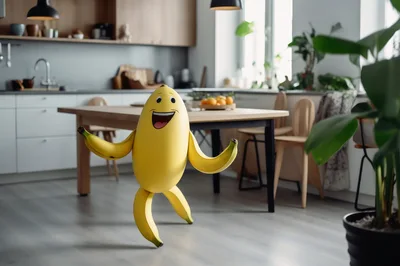 Animated Banana Character Dancing In A Modern Kitchen
