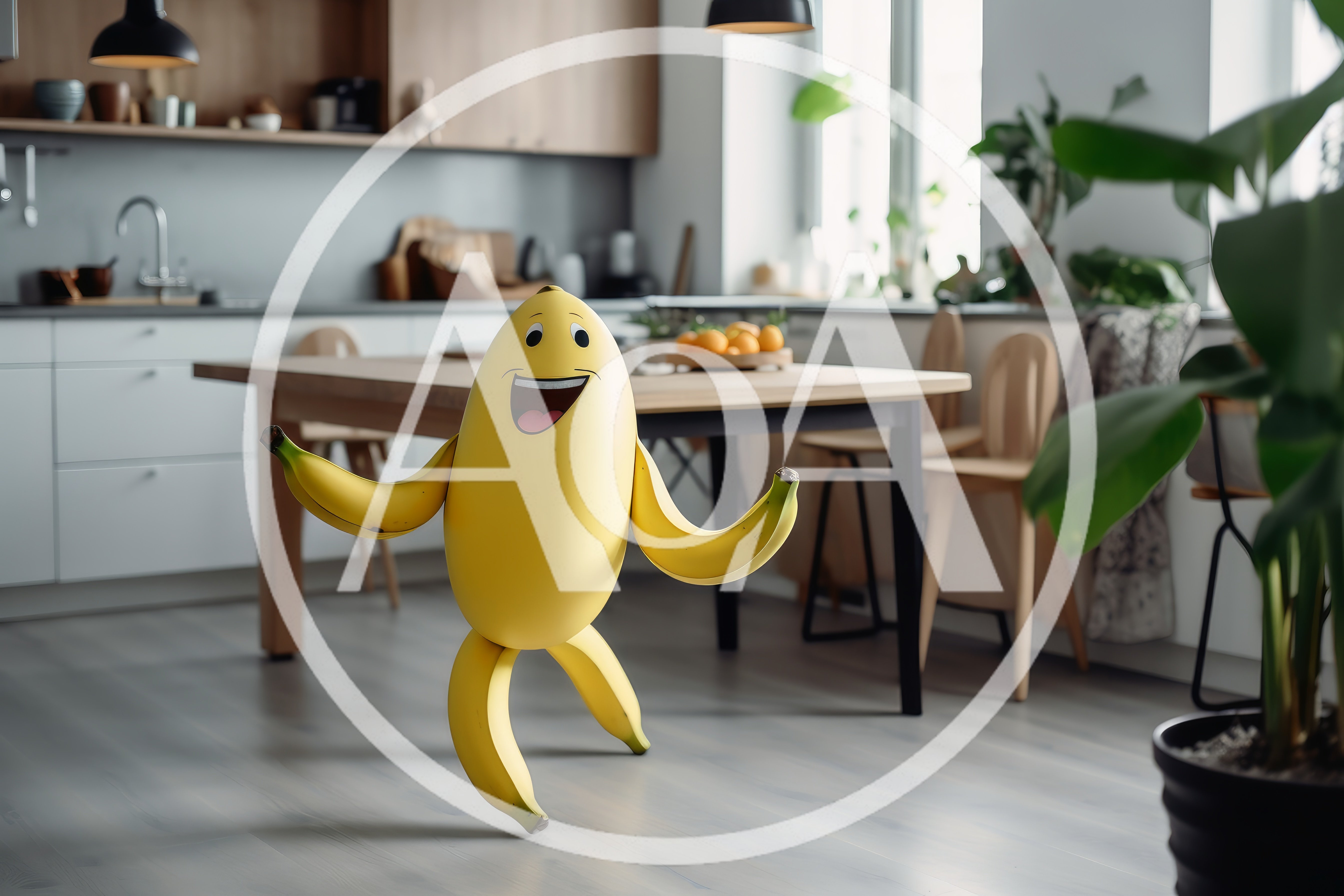 Animated Banana Character Dancing In A Modern Kitchen