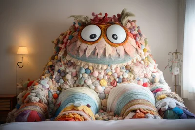 Large Yarn Monster Plush Toy Sitting On Bed