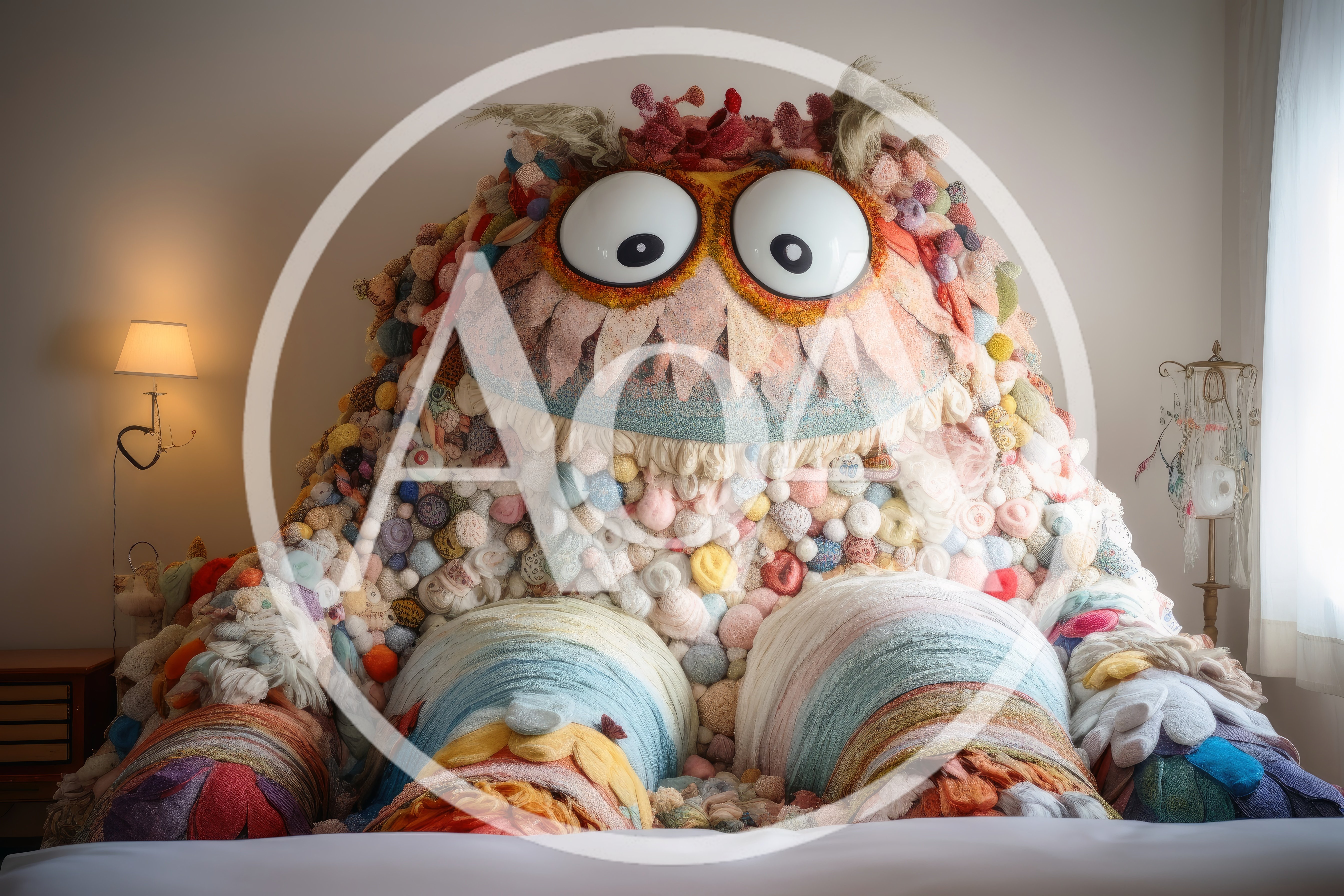 Large Yarn Monster Plush Toy Sitting On Bed