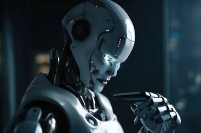 Futuristic Android Examining A Digital Tablet Device