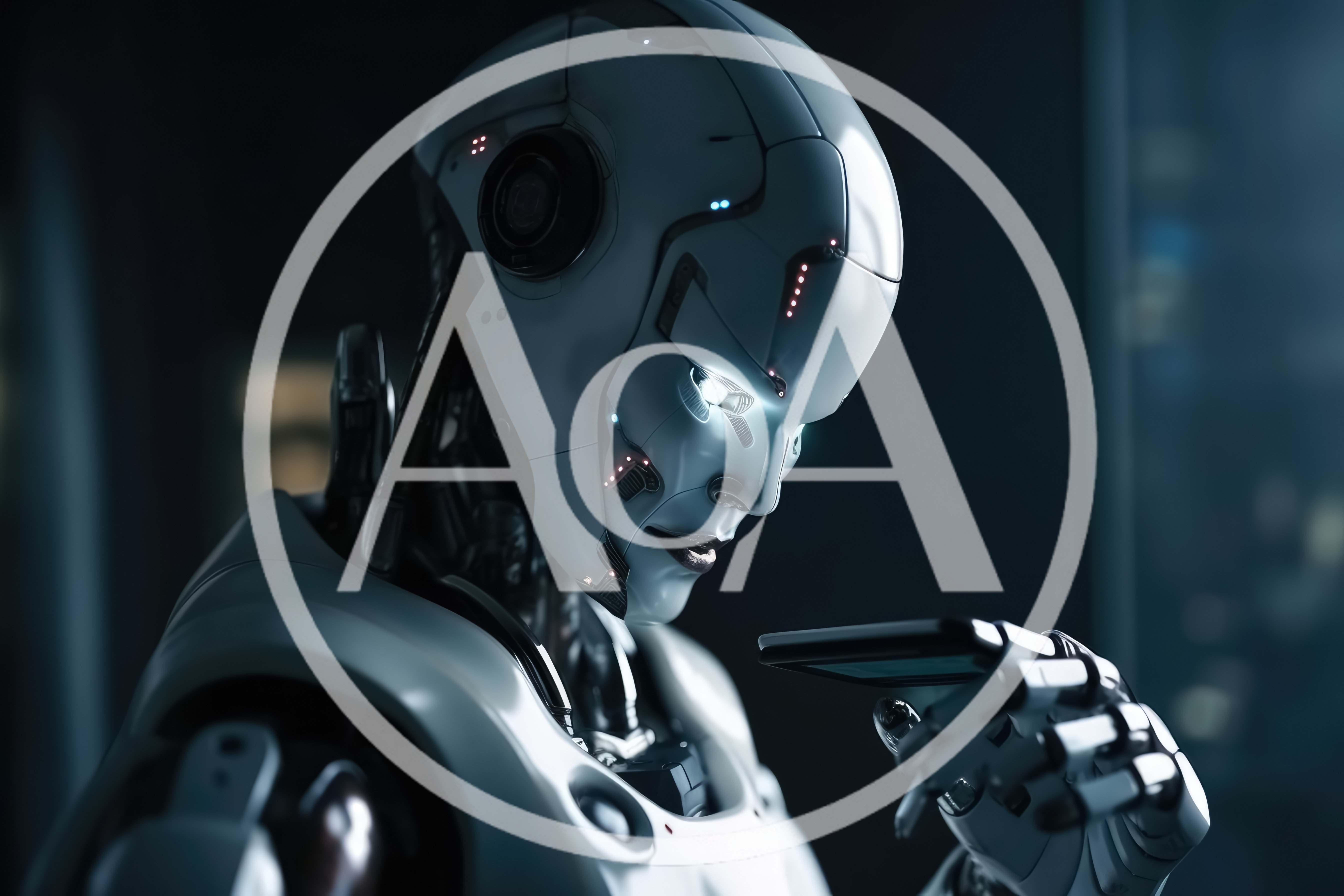 Futuristic Android Examining A Digital Tablet Device