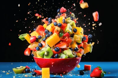 Exploding Fruit Salad in Red Bowl
